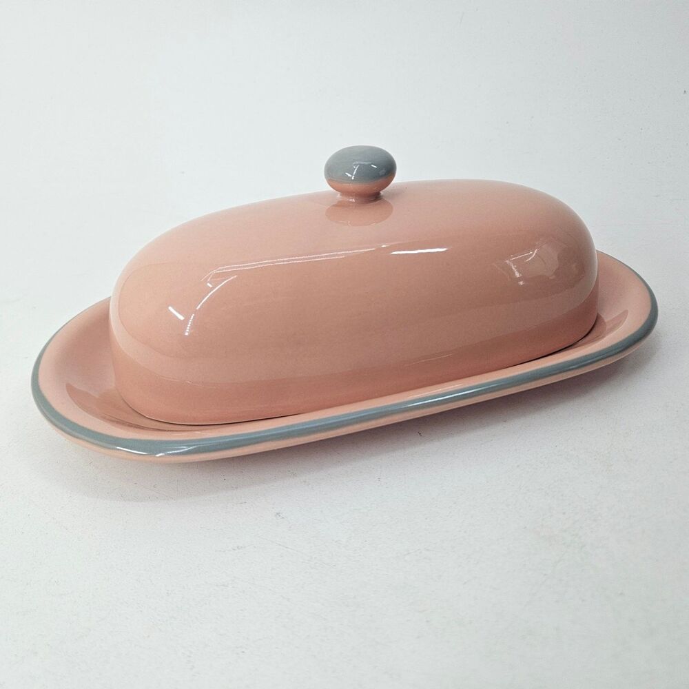 Vtg Studio Nova Butter Dish & Lid Peach/Gray Stoneware Glazed Japan Earthenware